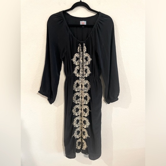 Plenty By Tracy Reese Anthropologie Women Midi Dress Black 100% Silk Embroidered - Picture 1 of 13